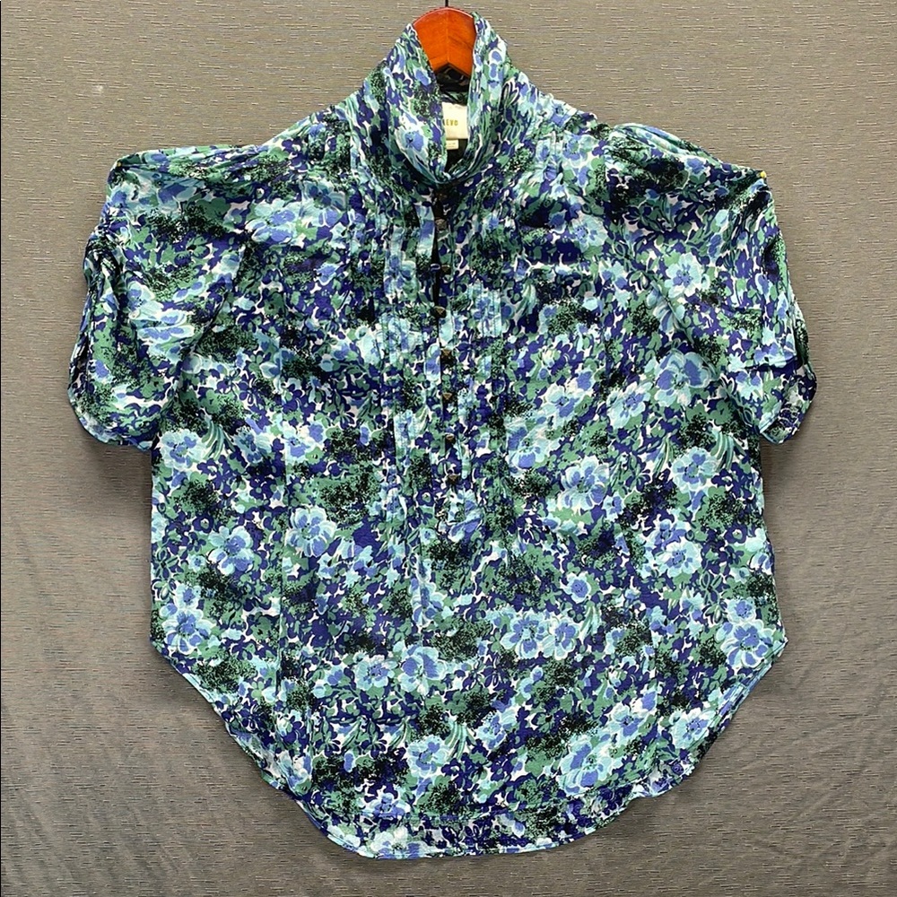 Anthropology Maeve Floral Blouse in Blue and Green‎ 100% Rayon